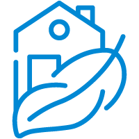 Dit pictogram benadrukt het concept van duurzaam comfort, geïllustreerd door een warm huis in combinatie met een groen blad, symbool voor een ecologische en milieuvriendelijke benadering van langdurig welzijn.