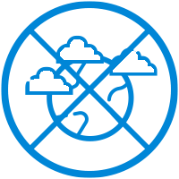Blauw pictogram van een planeet met wolken doorgestreept om aan te geven dat er geen risico op vervuiling is