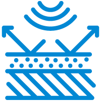 Dit symbool staat voor een goede geluidsisolatie, geïllustreerd door de geluidsgolven bovenaan en de opeenvolgende barrières of lagen eronder, die een effectieve bescherming tegen lawaai tonen.