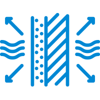 Pictogram met een muur en isolatie met golven en pijlen om de waterdichtheid aan te geven