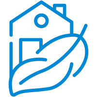 Pictogram van een huis met een boomblad om het comfort van de isolatie van de kruipkelder aan te tonen