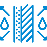 Pictogram van een muur en isolatie met waterdruppels en pijlen voor waterdichtheid