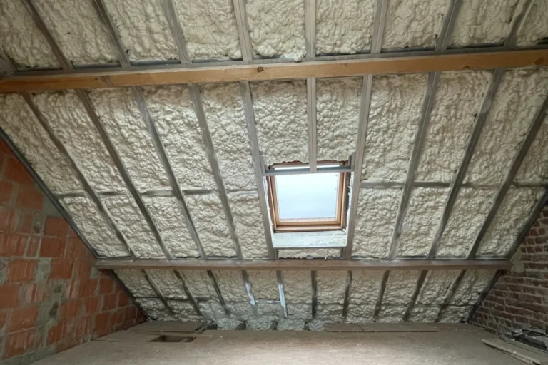 Toiture entièrement isolée avec de la mousse à cellules ouvertes, offrant une couverture homogène et une gestion optimale de l'humidité à Tilly.