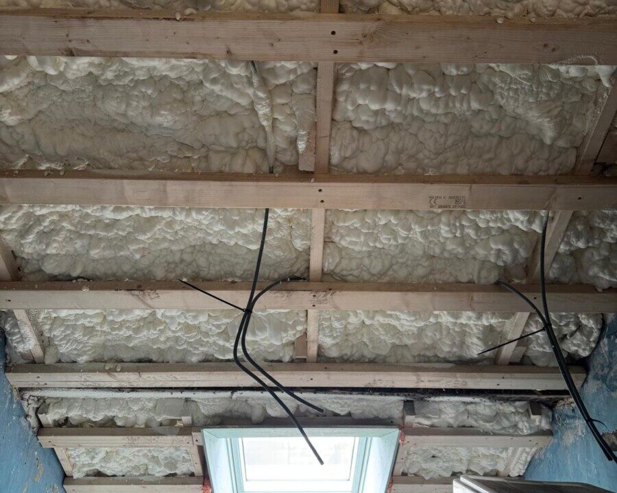 Intérieur d'un toit isolé avec de la mousse polyuréthane