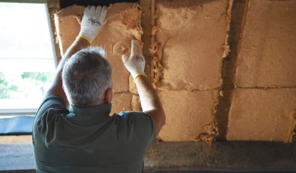iseo-chantier-isolation-biosourcee Ouvrier d'ISEO plaçant de l'isolation en laine de bois dans une toiture