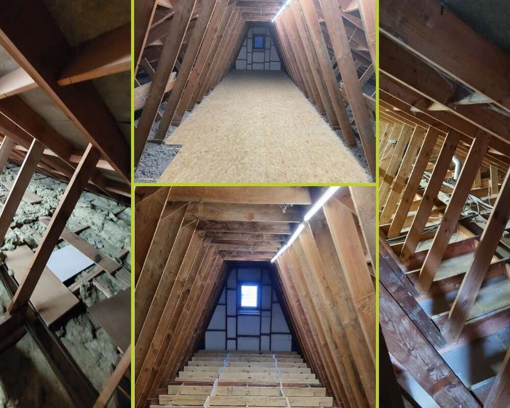 Isolation en ouate de cellulose du sol des combles d'une maison à Hastière avec pose d'un nouveau plancher