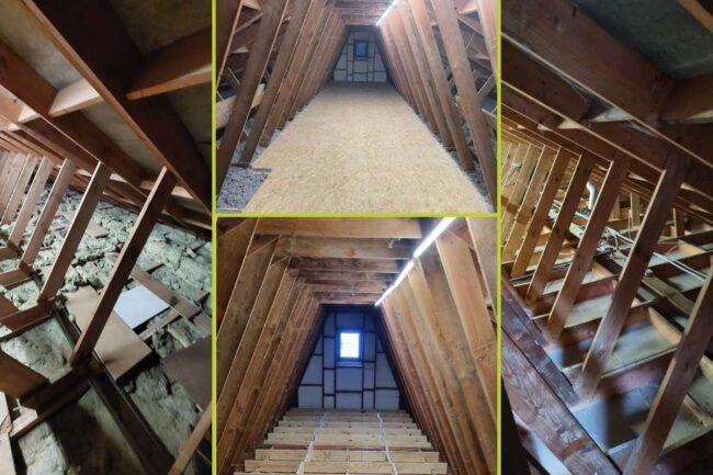 Isolation en ouate de cellulose du sol des combles d'une maison à Hastière avec pose d'un nouveau plancher