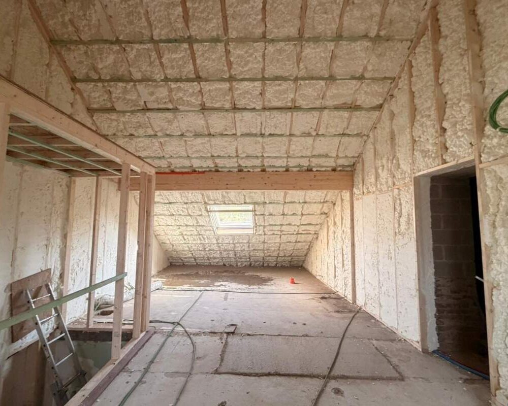 Murs et toiture d'une maison à Fratin recouvert de mousse projetée
