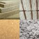 Gros plans sur différents choix d'isolants pour la maison, mousse projetée, laine de bois, fibre d'herbe ou ouate de cellulose.
