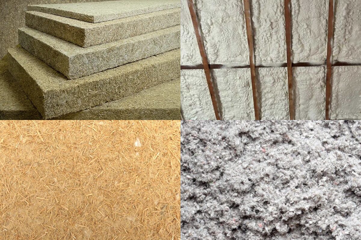 Gros plans sur différents choix d'isolants pour la maison, mousse projetée, laine de bois, fibre d'herbe ou ouate de cellulose.